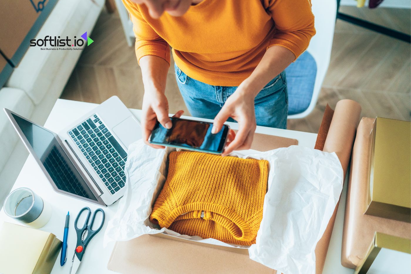 a woman taking a picture of her clothing products