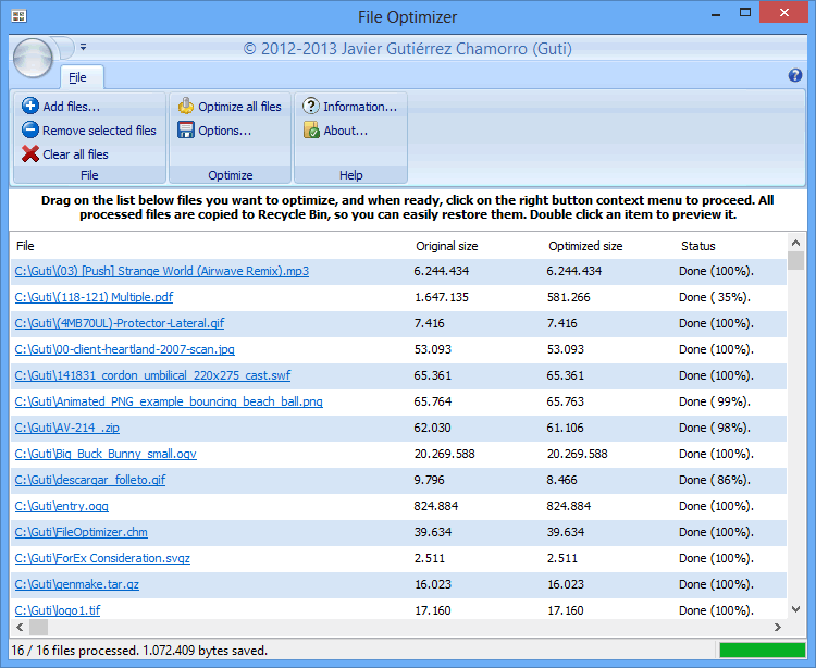 FileOptimizer - Software Javier Gutiérrez Chamorro (Guti): FileOptimizer,  SumatraPDFOpt, TBClamAV, ClamAVOpt, RealSpeed, RLE64, PatchPE, UPTIME,  WinVer, TXT2PDF, Lamark, XPlorer, SMETAR, MEMTRACE, ZEROFILL