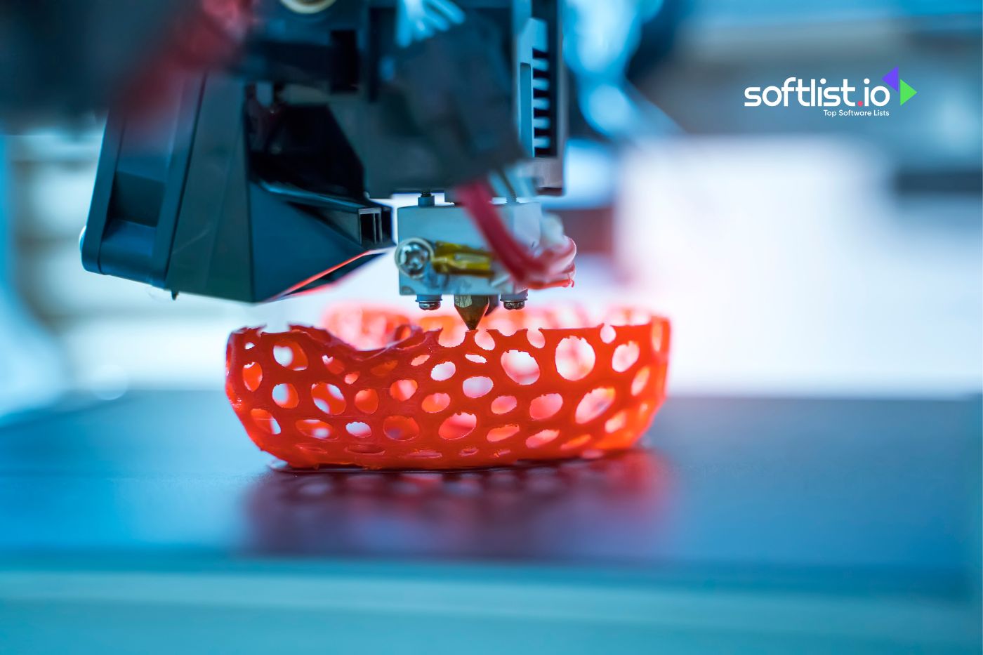 3D printer crafting intricate red bowl