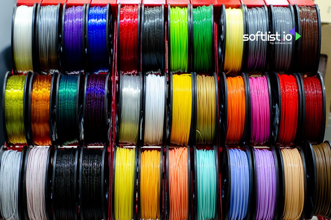 Racks of colorful 3D printing filaments