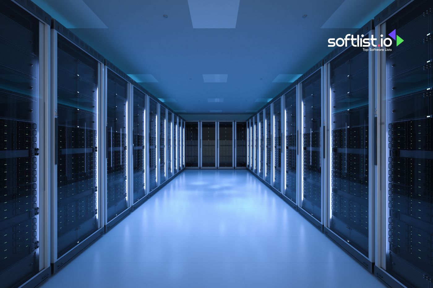 Long hallway of a blue-lit data center with rows of server racks