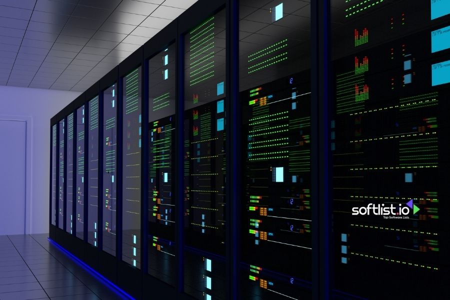 Image of a high-tech server room with multiple server racks.