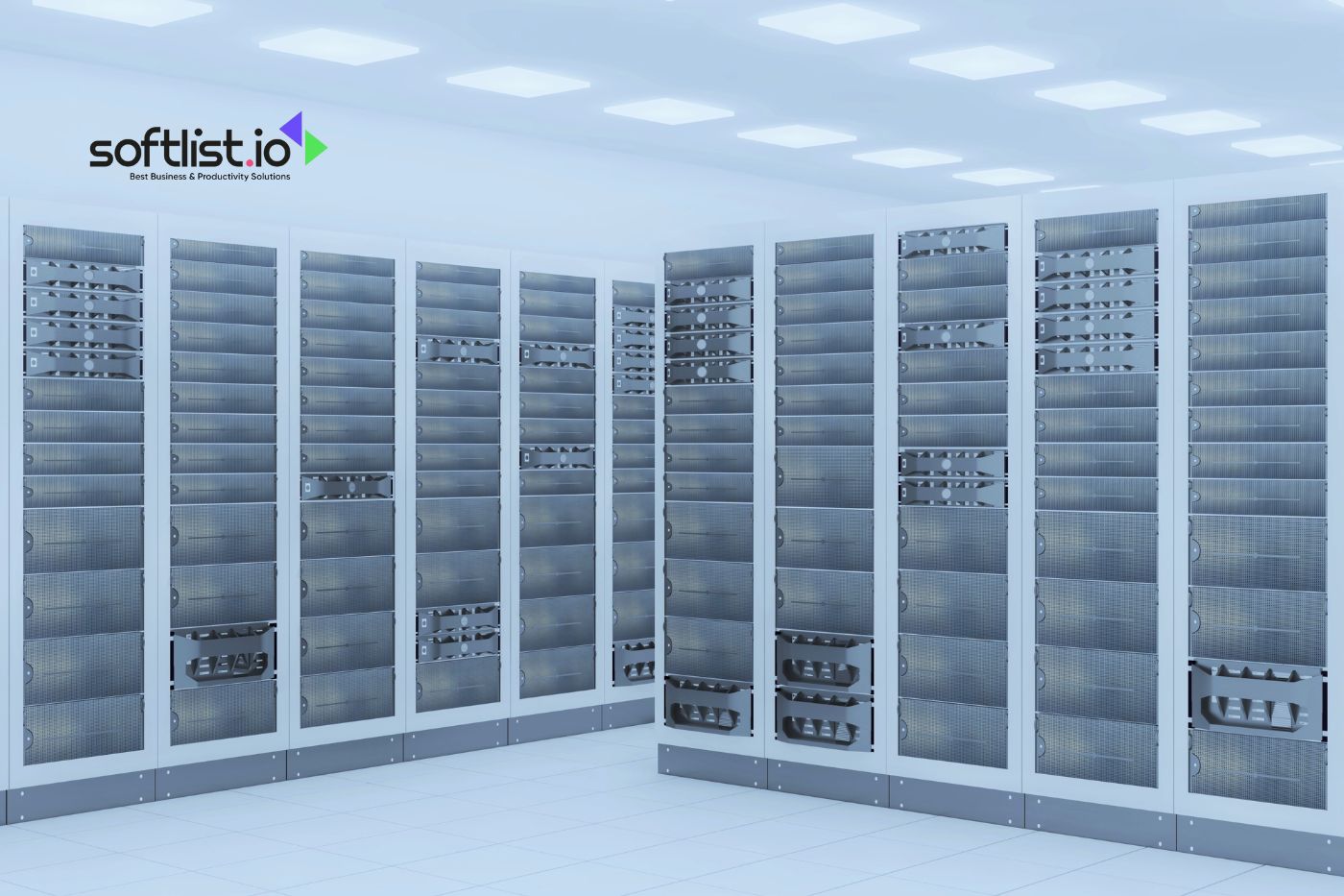 Brightly lit data center with multiple server racks in white cabinets