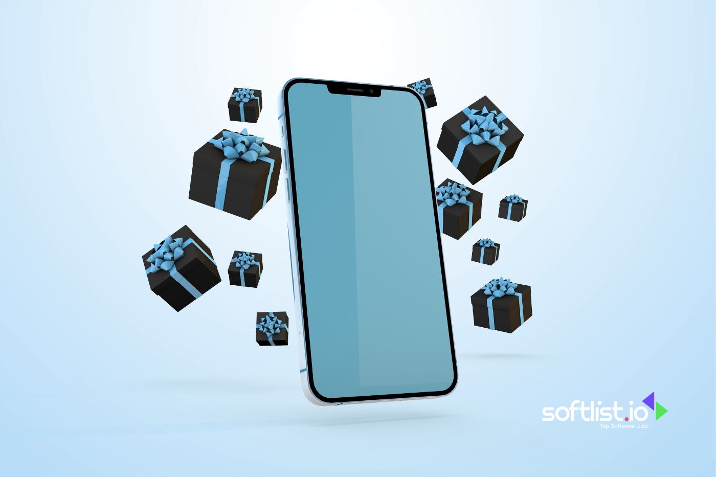 Smartphone surrounded by floating gift boxes