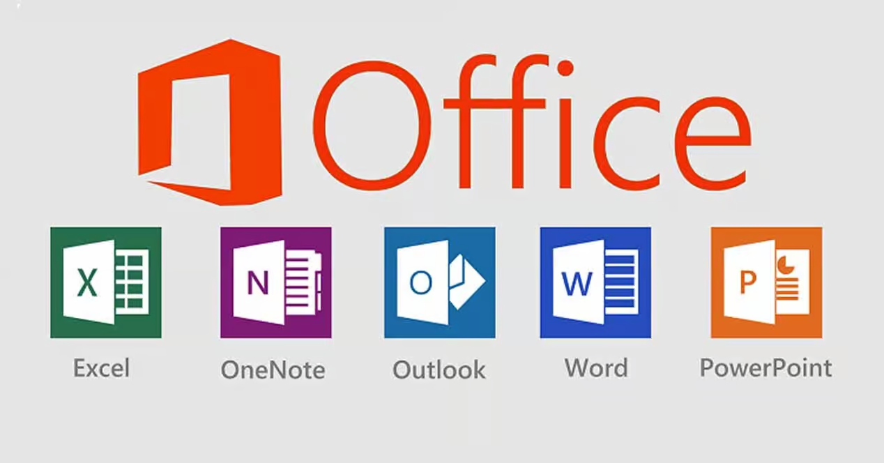 Microsoft Office logo with icons for Excel, OneNote, Outlook, Word, and PowerPoint.