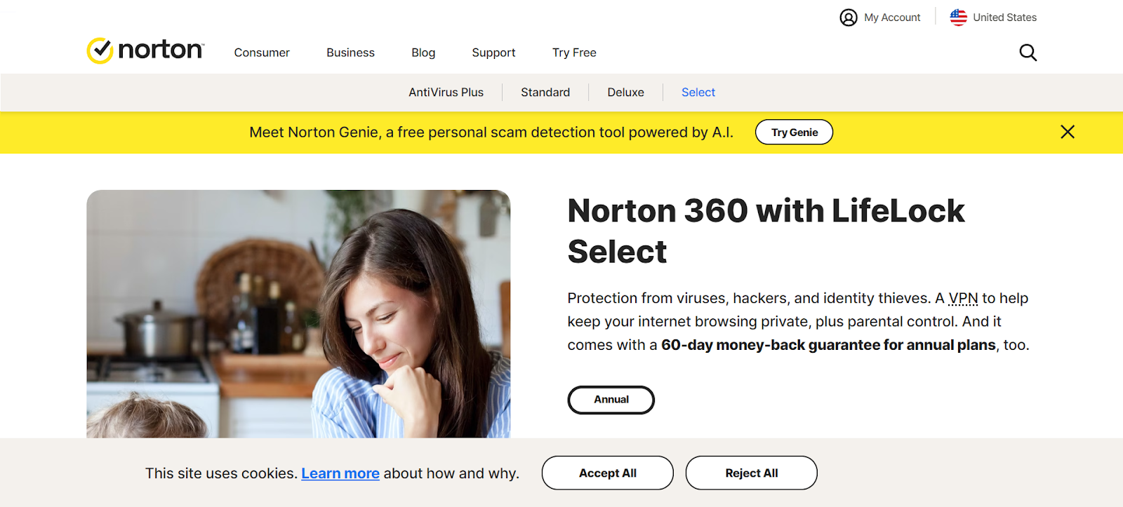 A screenshot of Norton 360 with LifeLock's website