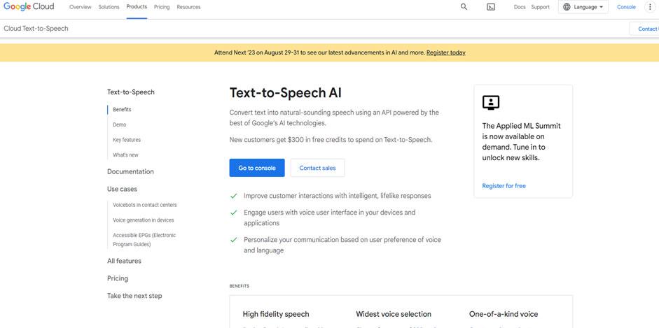 Screenshot of Google Cloud Text-to-Speech Home page.