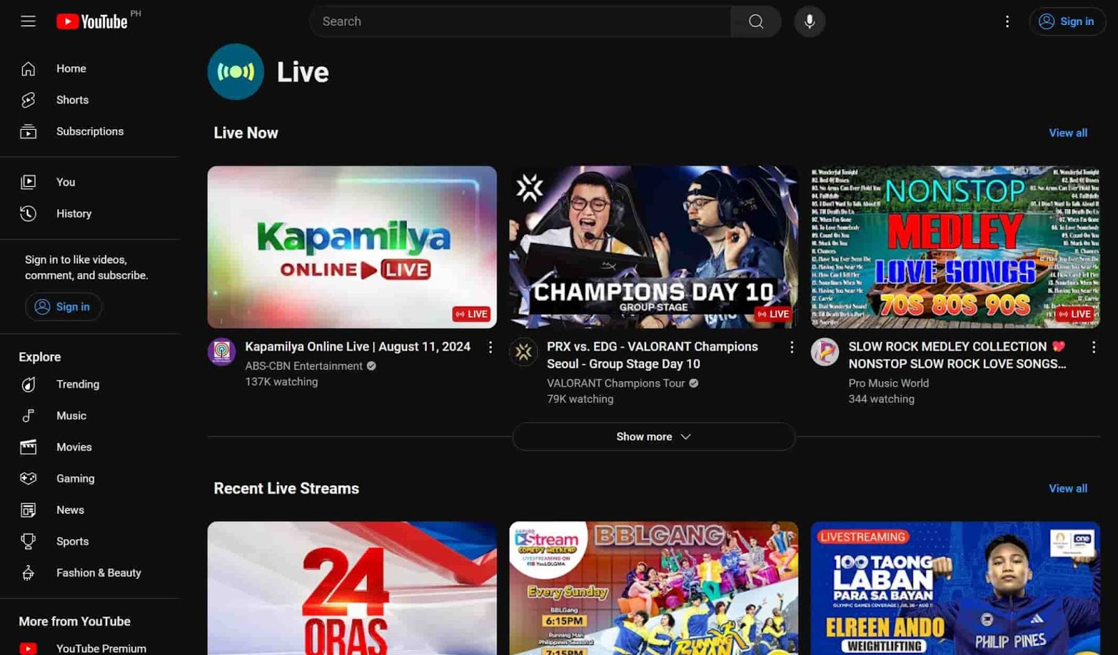 Screenshot of YouTube Live website