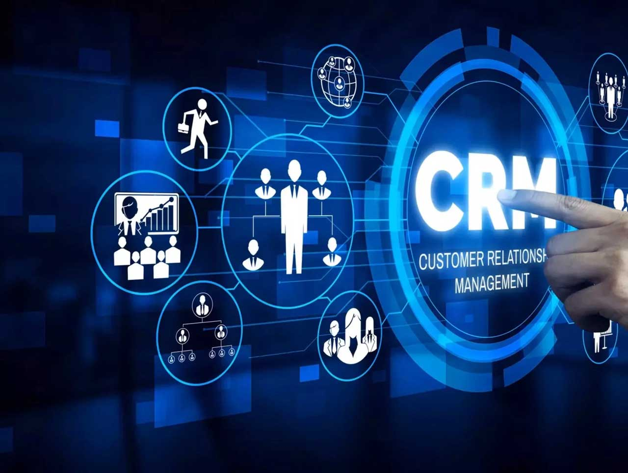 Touchscreen interface showing CRM (Customer Relationship Management) system.