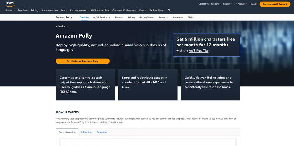 Screenshot of Amazon Polly Home page.