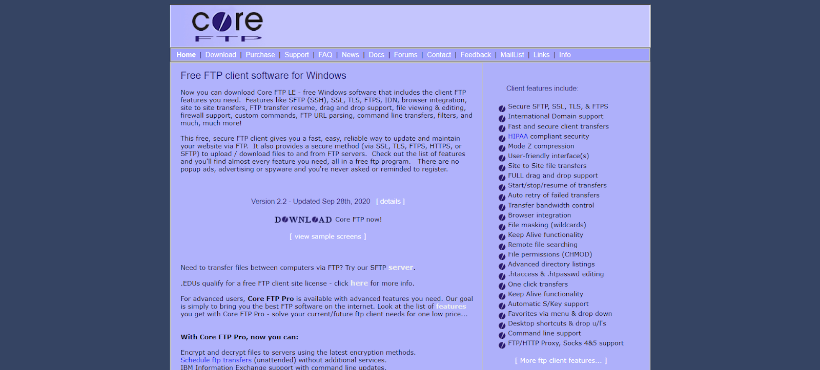 A screenshot of Core FTP's website