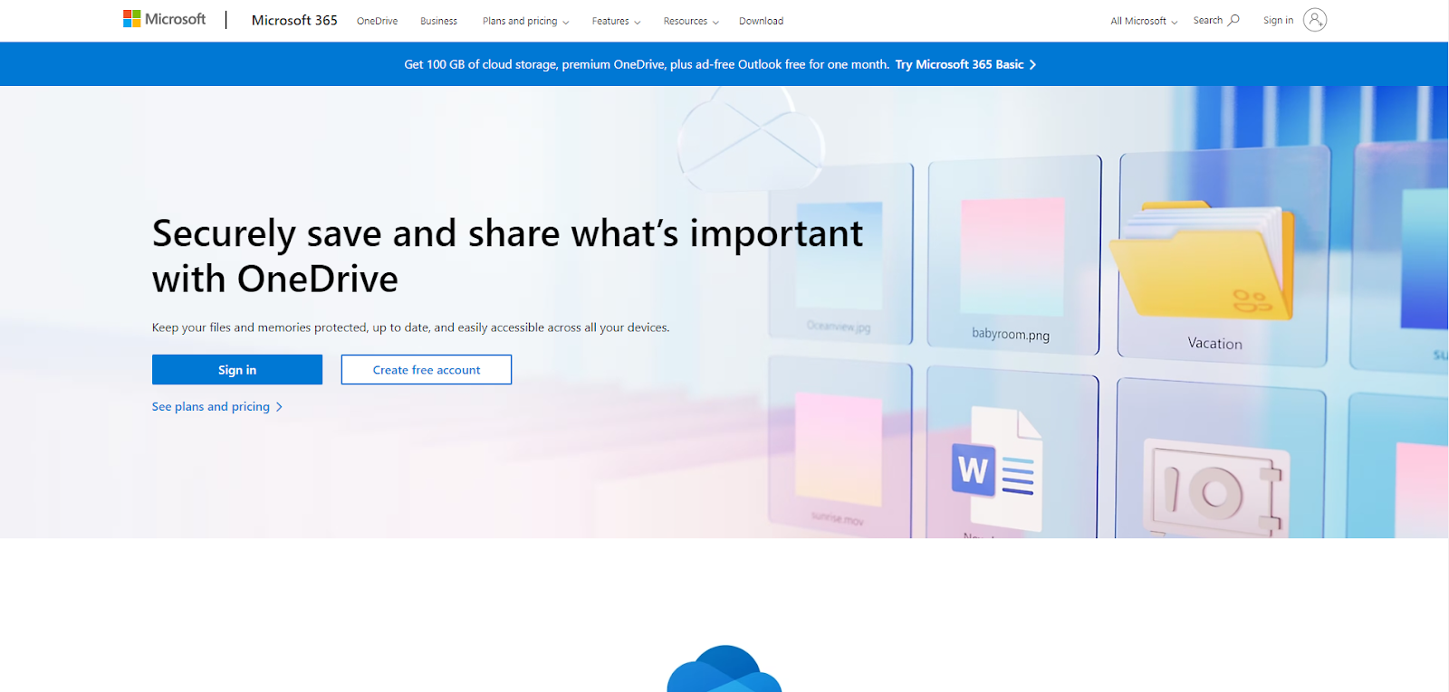 A screenshot of Microsoft OneDrive's website