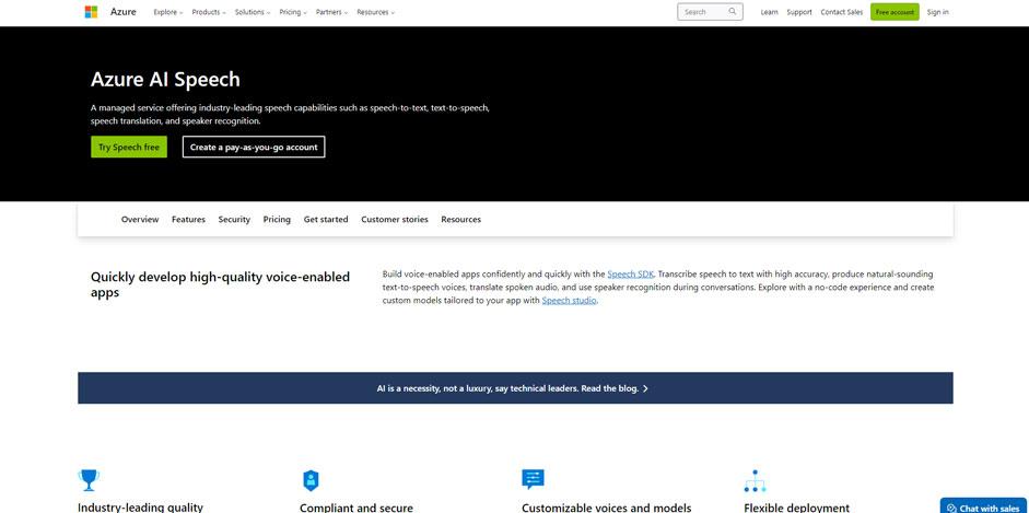 Screenshot of Azure Cognitive Services Speech Home page.