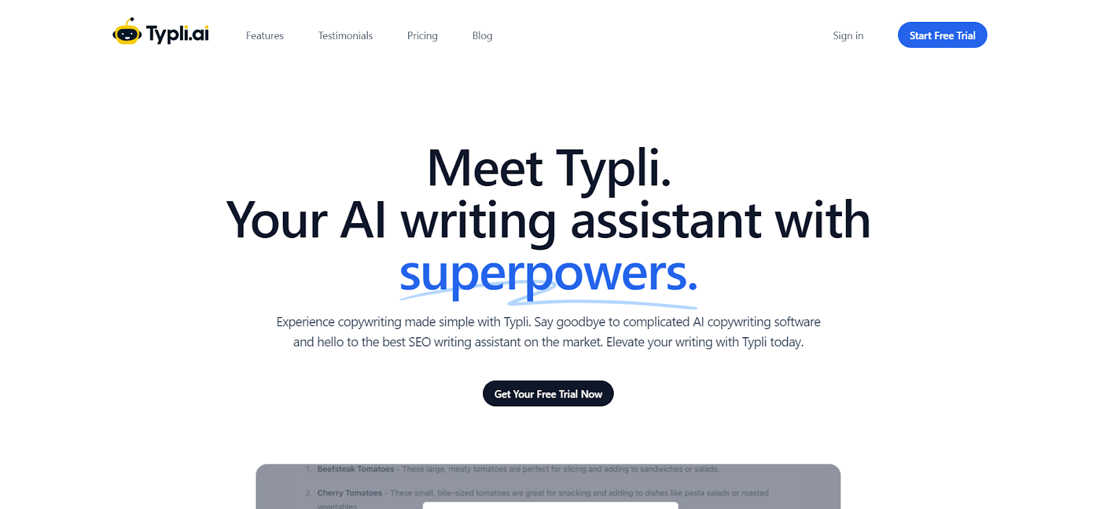 A screenshot of Typli AI's website