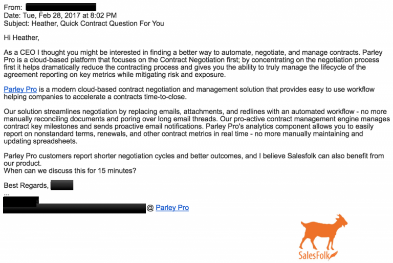 Email promoting Parley Pro for contract negotiation and management automation workflow