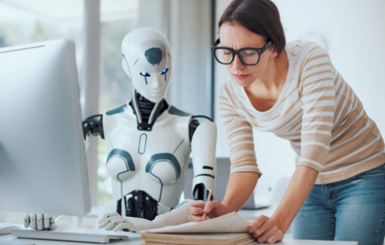 Woman and AI robot working together in the office