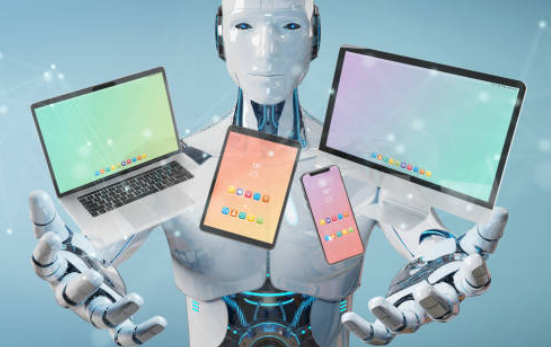 White robot connecting modern smartphone tablet laptop and computer 3D rendering