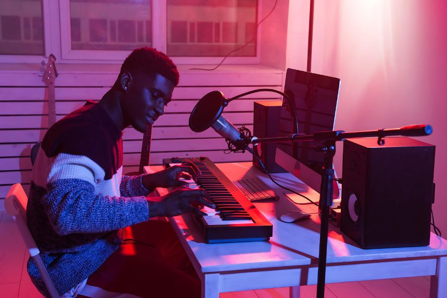 Man playing keyboard in home studio with microphone and laptop under pink lighting