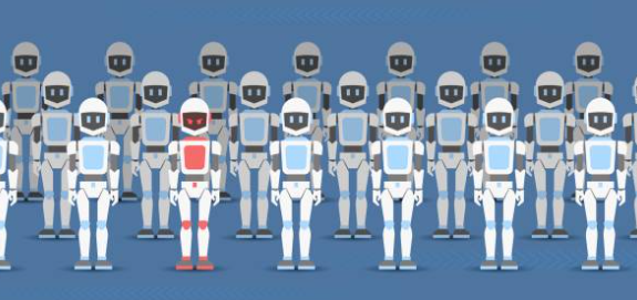 A crowd of robots stands in a row and one of them is an evil traitor