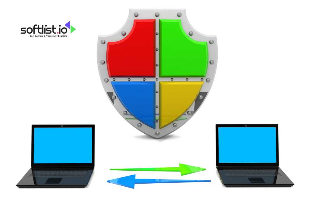 Two laptops with a large security shield icon between them