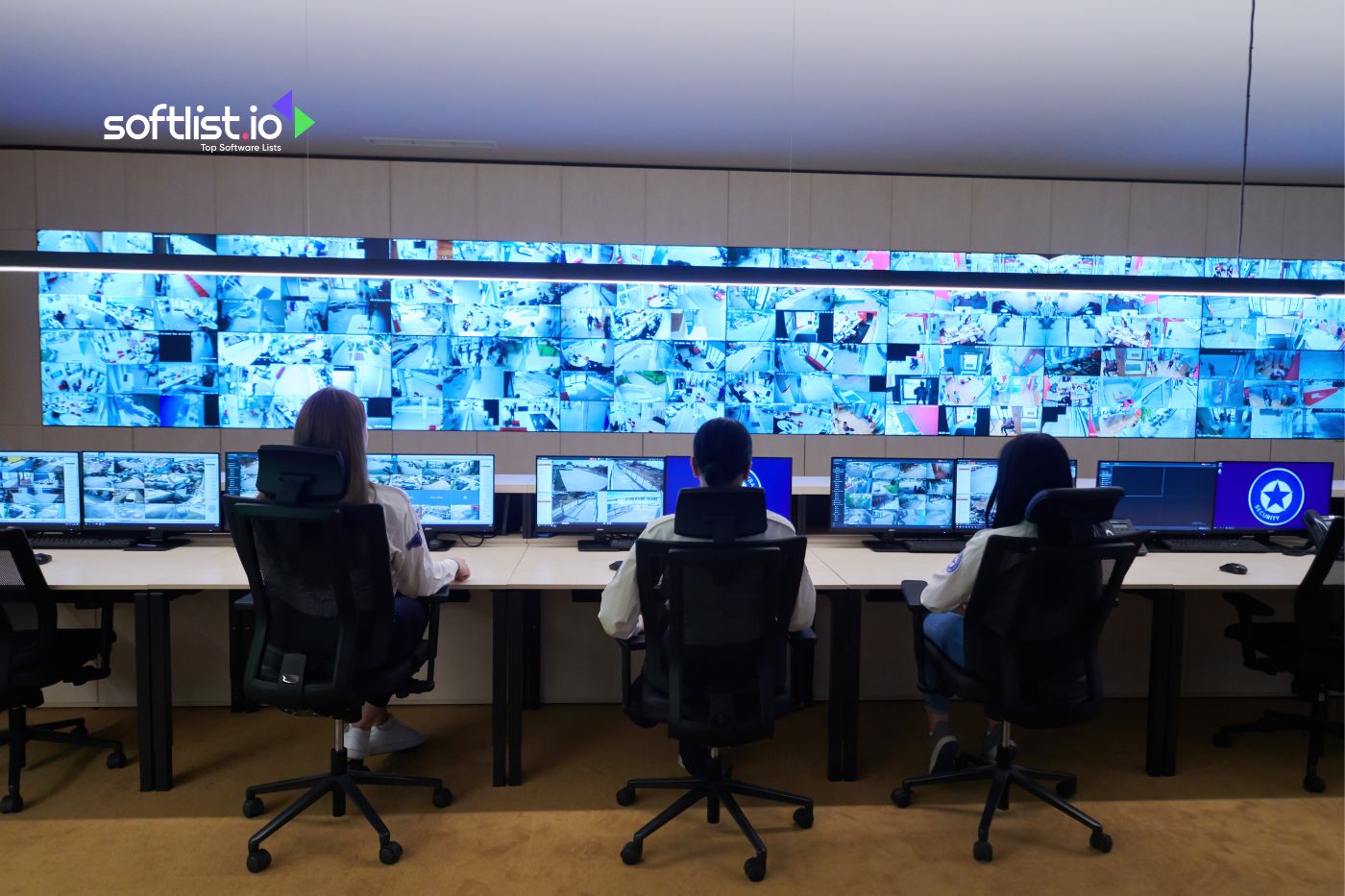 three officers looking at many monitors