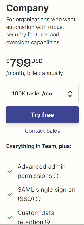 Company (799 USD/month, billed annually); 100K tasks /mo