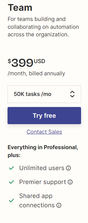 Team (399 USD/month, billed annually); 50K tasks /mo