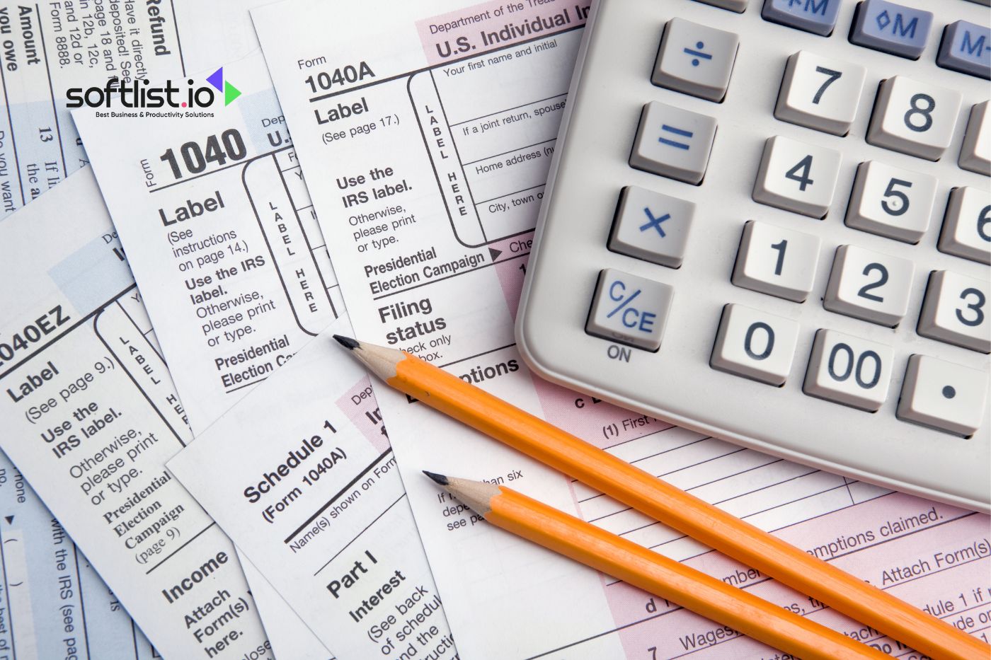 QuickBooks tax forms preparation with calculator and pencil