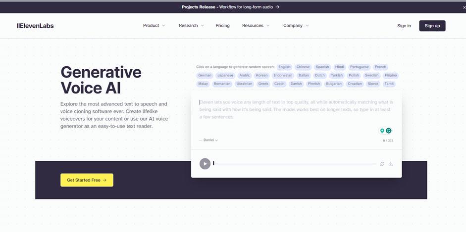 Screenshot of Eleven Labs Home page.