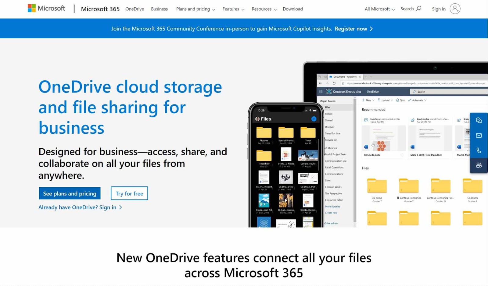 Screenshot of Microsoft OneDrive for business website