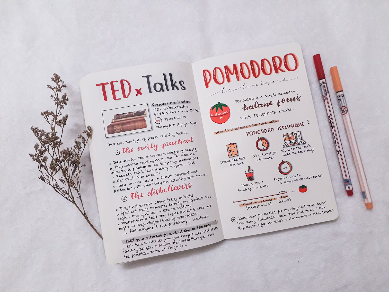 Open notebook with TED Talks and Pomodoro Technique notes.