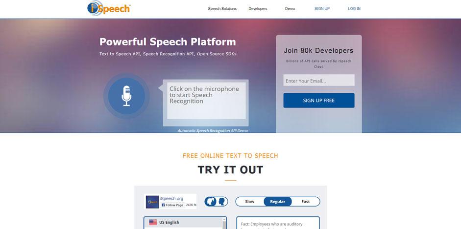 Screenshot of iSpeech Home page.