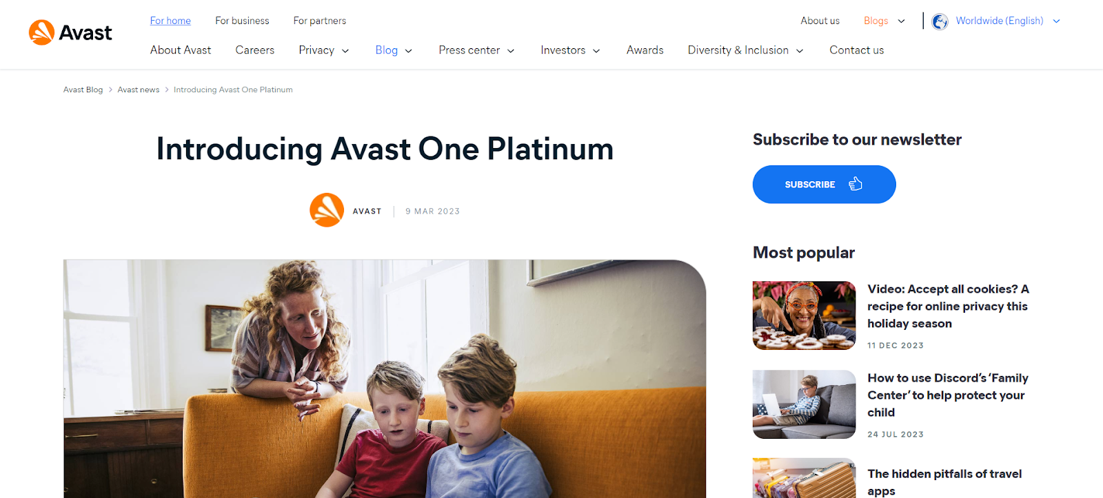 A screenshot of Avast One Platinum's website
