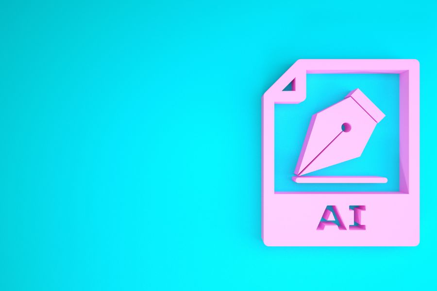 A pink icon with a pen and a blue background