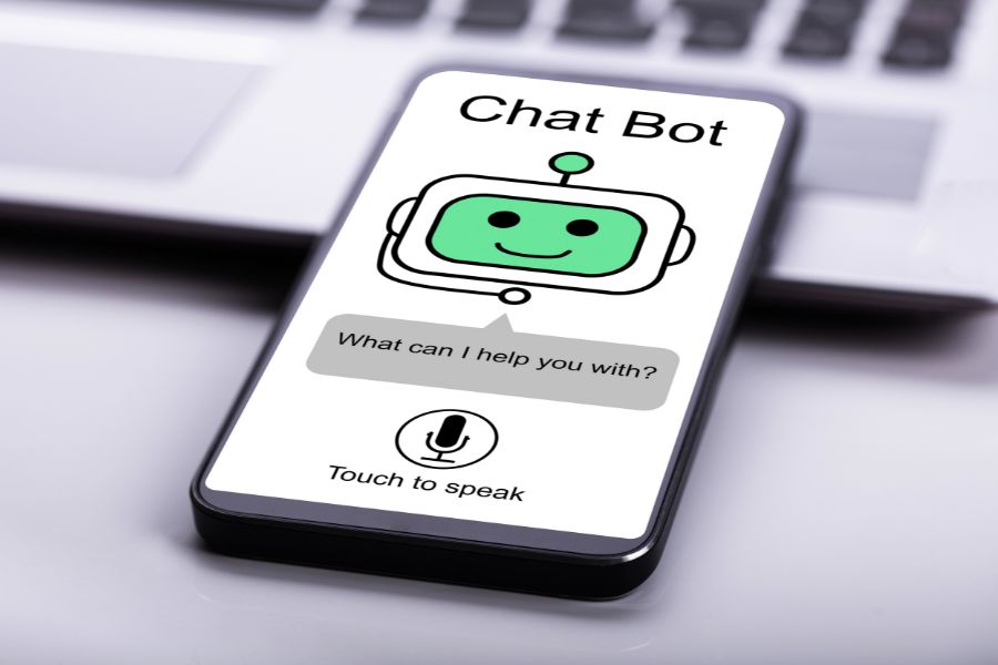 A phone with a chatbot message on it