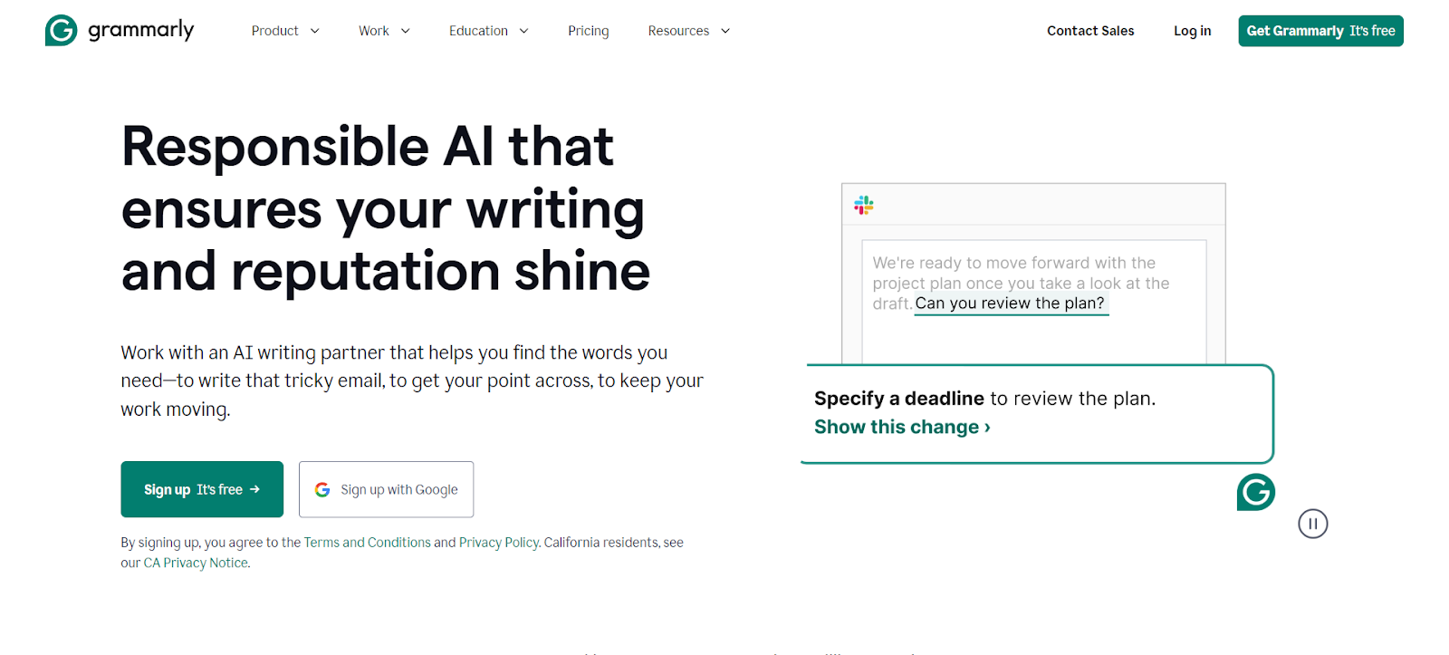 A screenshot of Grammarly's website