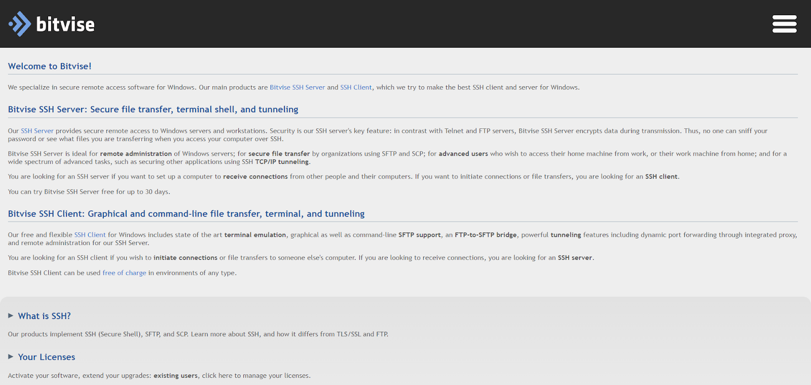 A screenshot of Bitvise SSH Client's website