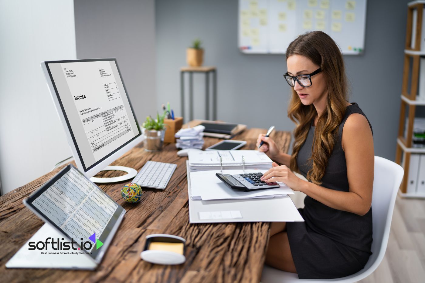 Businesswoman calculating expenses using QuickBooks on desktop
