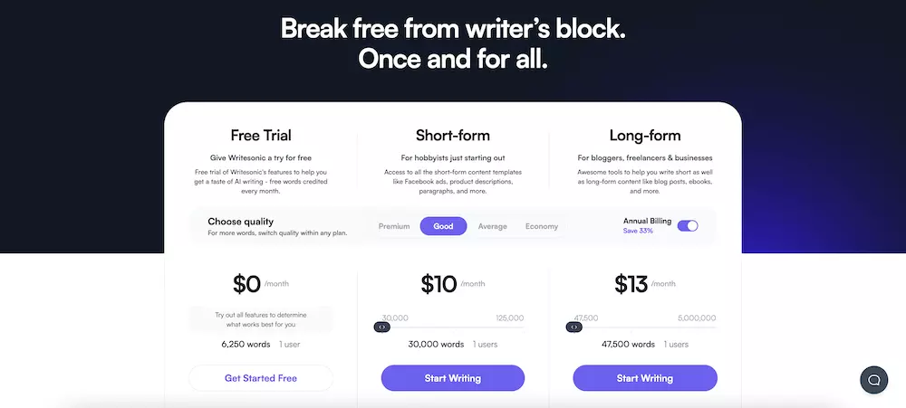 Writesonic Pricing