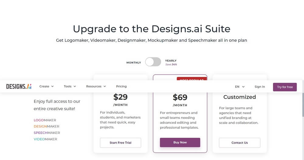 designs.ai pricing