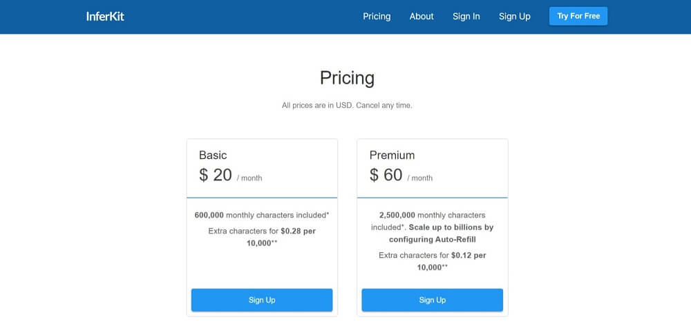 Inferkit.com pricing