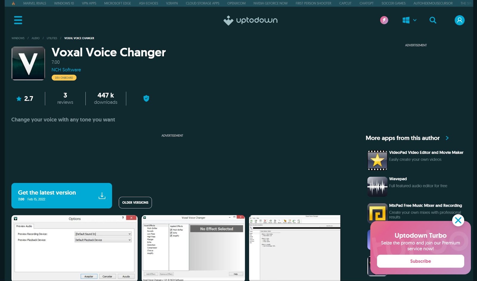 Screenshot of Voxal Voice Changer website